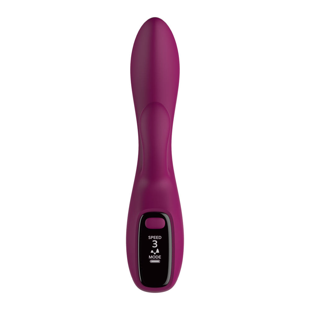 Passion Play Rabbit Vibrator with LED screen in purple finish, showcasing speed and mode settings for enhanced pleasure.