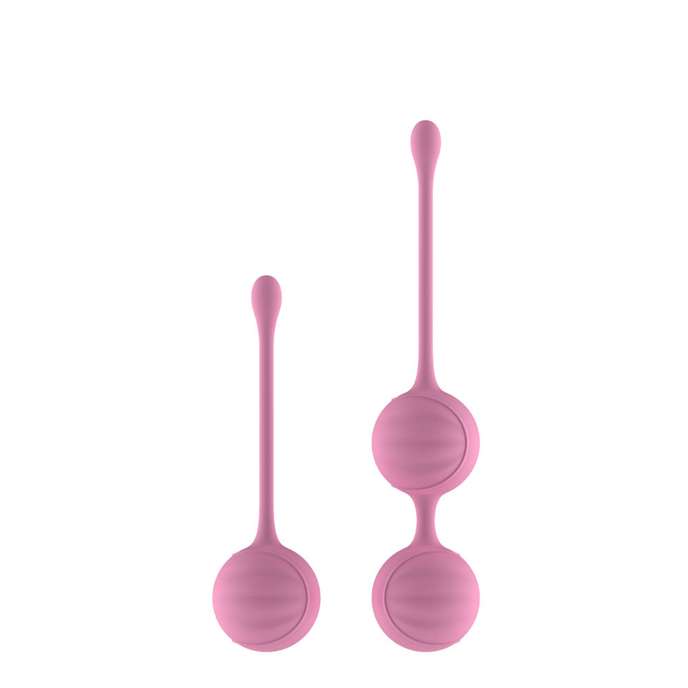 Passion Play Silicone Kegel Ball Set featuring two soft pink silicone kegel balls for pelvic floor training.