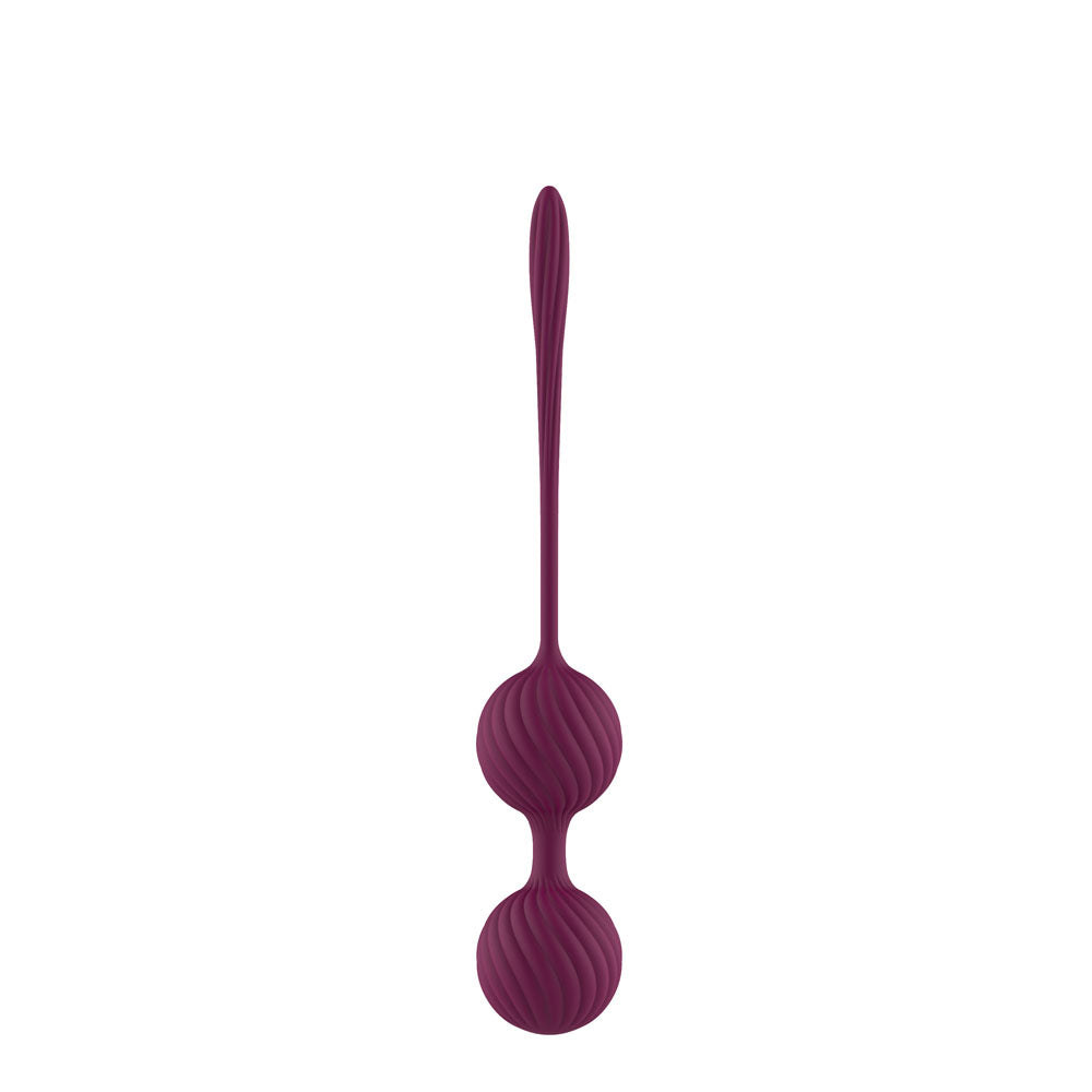 Passion Play Dual Kegel Balls for pelvic training in rich purple silicone, designed for comfortable use and pelvic floor training.