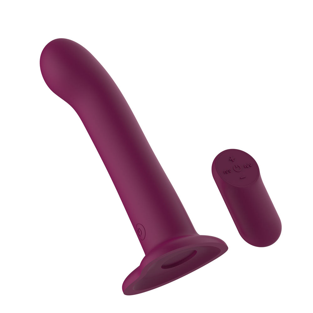 Passion Play USB rechargeable vibrating dildo in purple with wireless remote, designed for pleasurable experiences.