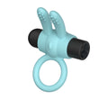 Passion Play silicone rechargeable vibrating cockring in blue with dual rabbit ears for added stimulation.
