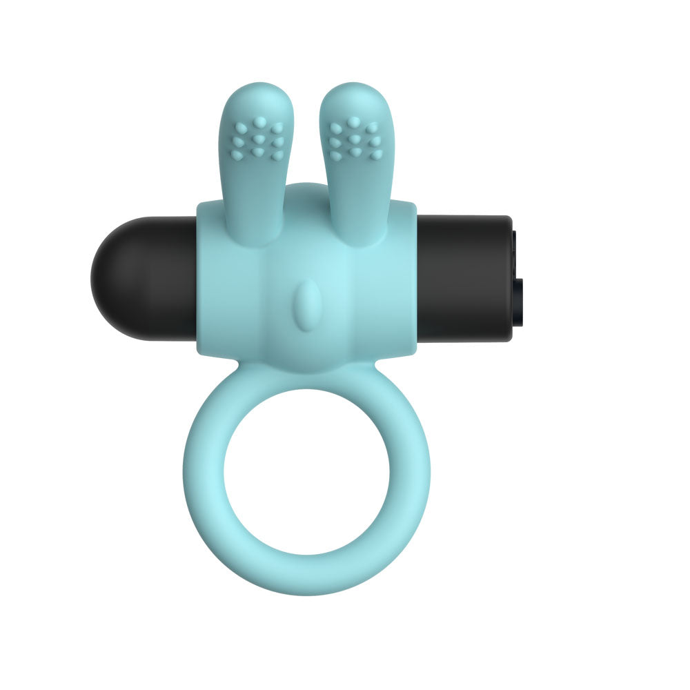 Passion Play Silicone Rabbit Vibrating Cockring - USB rechargeable vibrating cockring in bold blue finish.