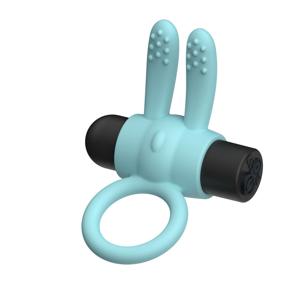 Passion Play Silicone Rabbit Vibrating Cockring in blue, USB rechargeable vibrating cockring for enhanced pleasure.