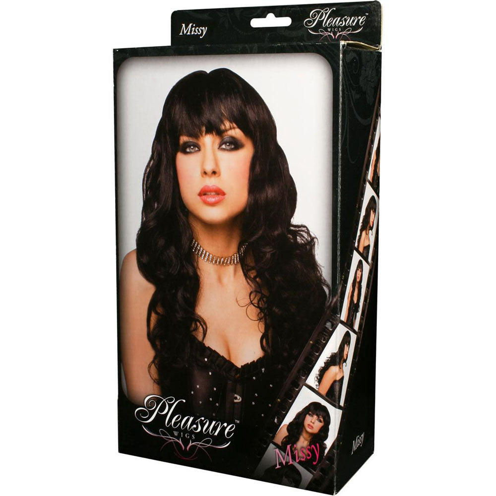 PLEASURE WIGS Missy -  -  Wig packaging featuring a model with long dark hair and stylish outfit.