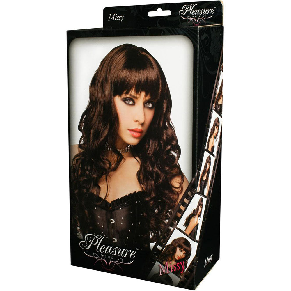 PLEASURE WIGS Missy -  - Brunette Wig packaging, showcasing a model with long brunette hair and stylish curls.
