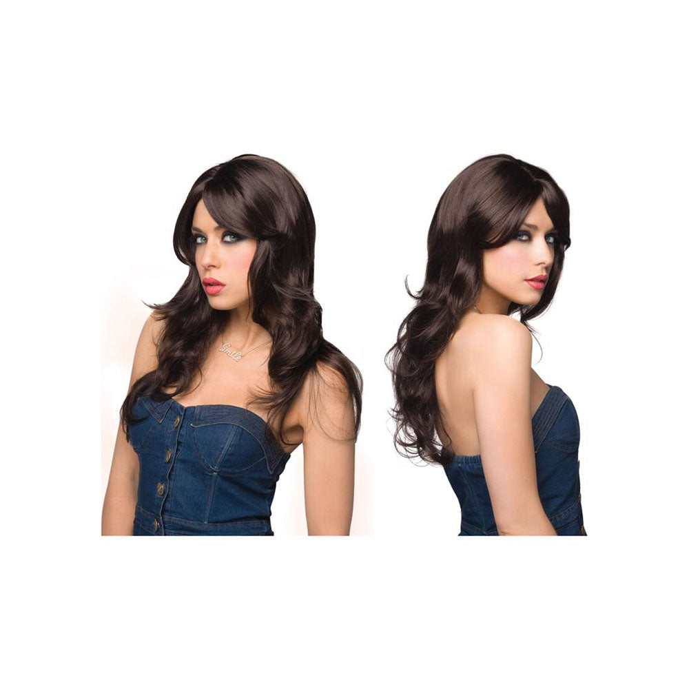 PLEASURE WIGS Jessie -  - Brunette Wig displayed on a model, showcasing flowing brunette hair and stylish look.