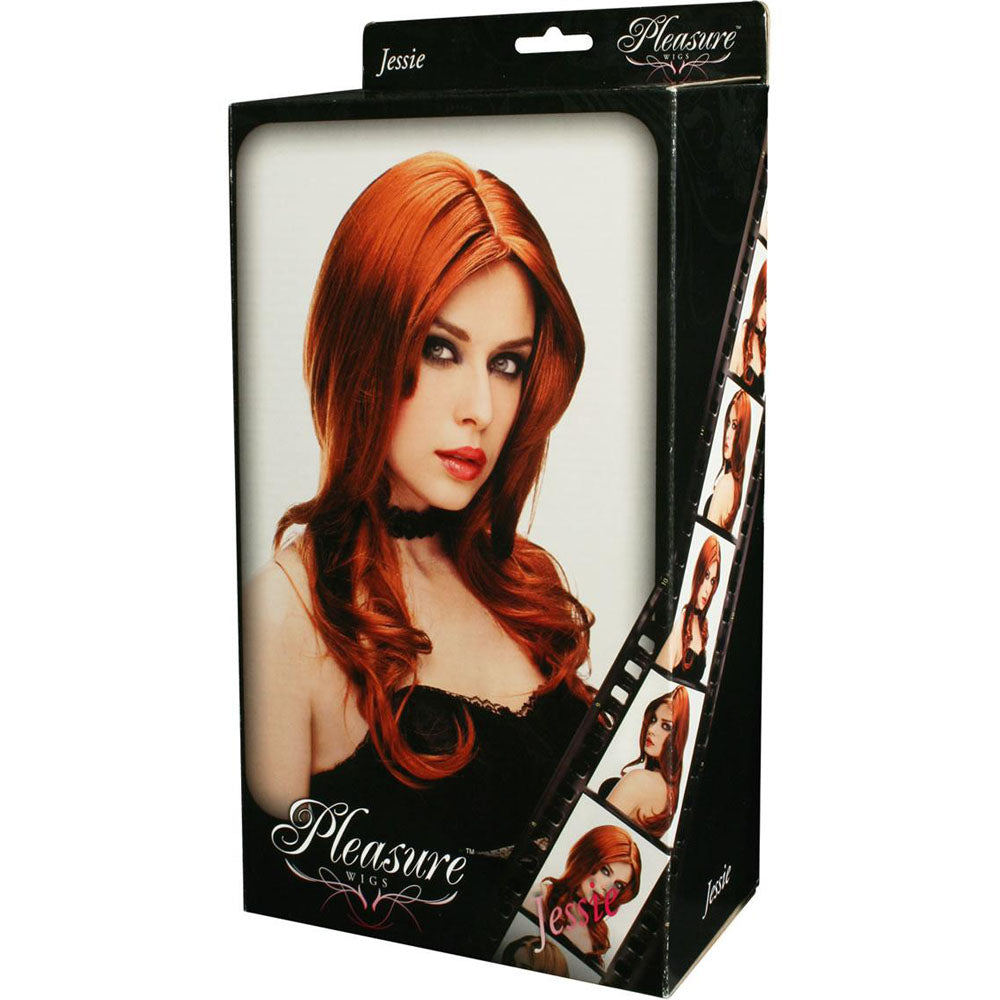 PLEASURE WIGS Jessie -  - Redhead Wig packaging featuring an elegant model with long, vibrant red hair.