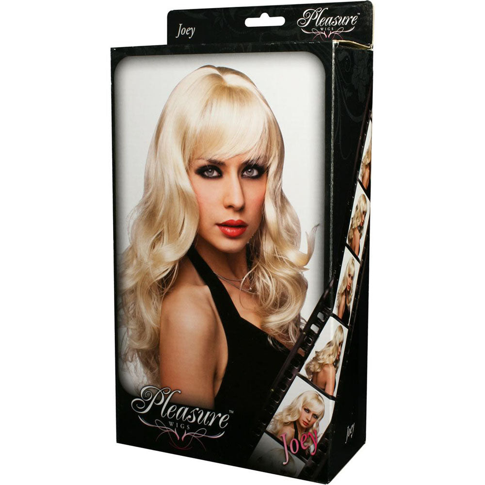 PLEASURE WIGS Joey - Platinum Blonde - Blonde Wig packaging featuring a model with long blonde hair.