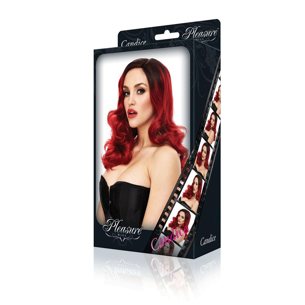 PLEASURE WIGS Candice - /Black - /Black Wig packaging displaying a model with red hair and a black corset.