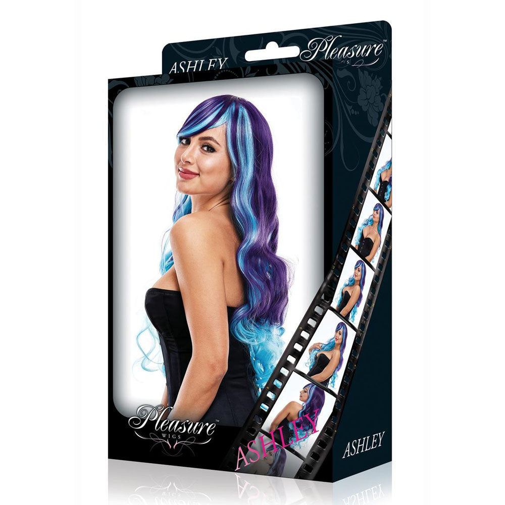 PLEASURE WIGS Ashley - Purple/Blue - showcasing a woman with long purple and blue hair on a stylish packaging background.