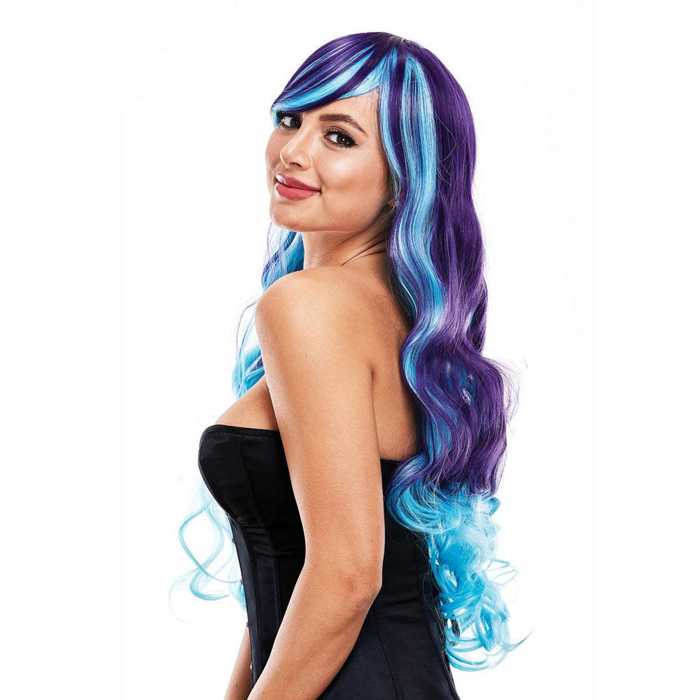 PLEASURE WIGS Ashley - Purple/Blue - hairstyle with long purple and blue waves on a woman wearing a black outfit.