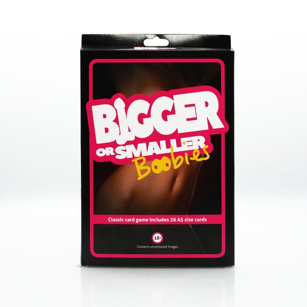Bigger or Smaller Boobs - Card Game packaging showcasing the title and design for adult entertainment.