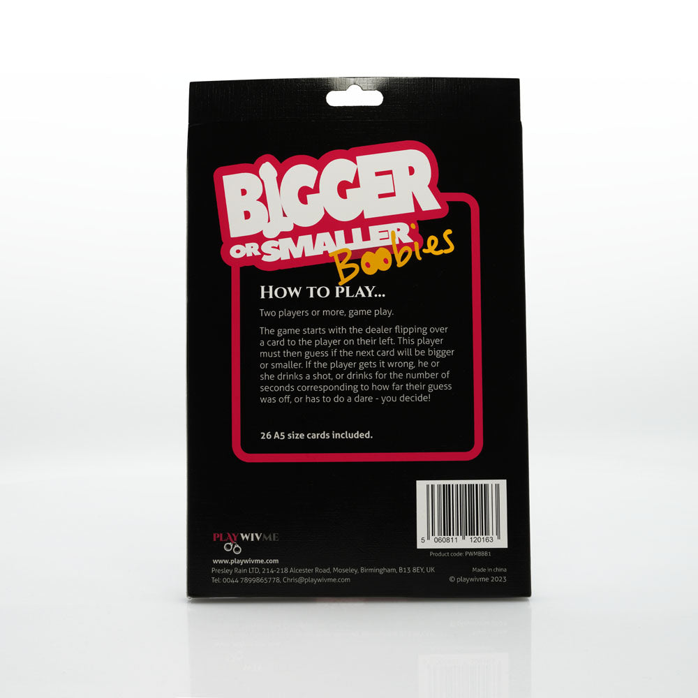 Bigger or Smaller Boobs - Card Game packaging showing the game rules and instructions for adults.