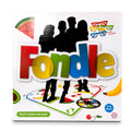 Fondle - Hands-On Party Game box featuring colorful letters, spinner, fruit graphics, and silhouettes of players
