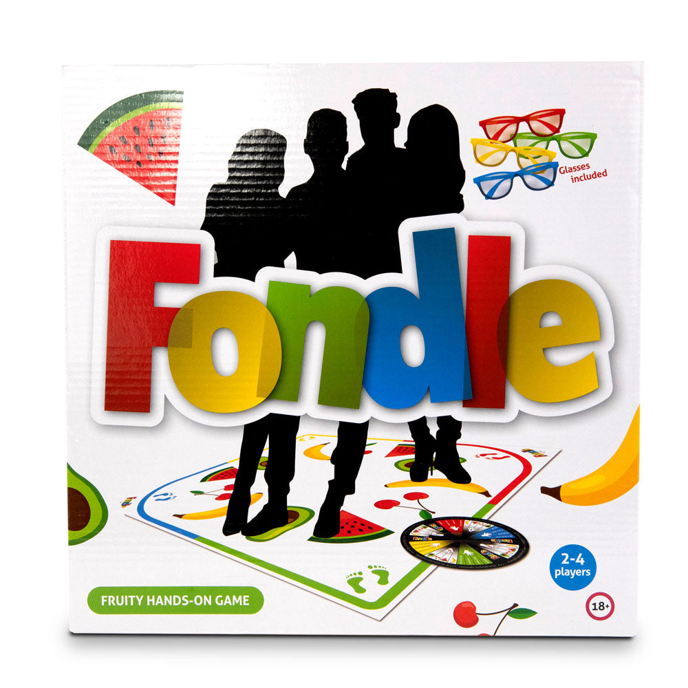 Fondle - Hands-On Party Game box featuring colorful letters, spinner, fruit graphics, and silhouettes of players