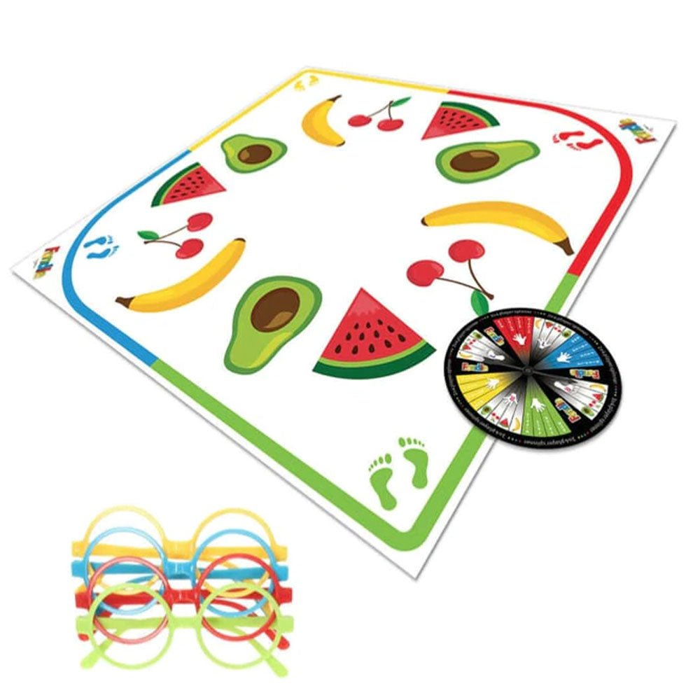 Fondle - Hands-On Party Game game mat with colorful fruit graphics and a spinner, plus matching colored glasses.