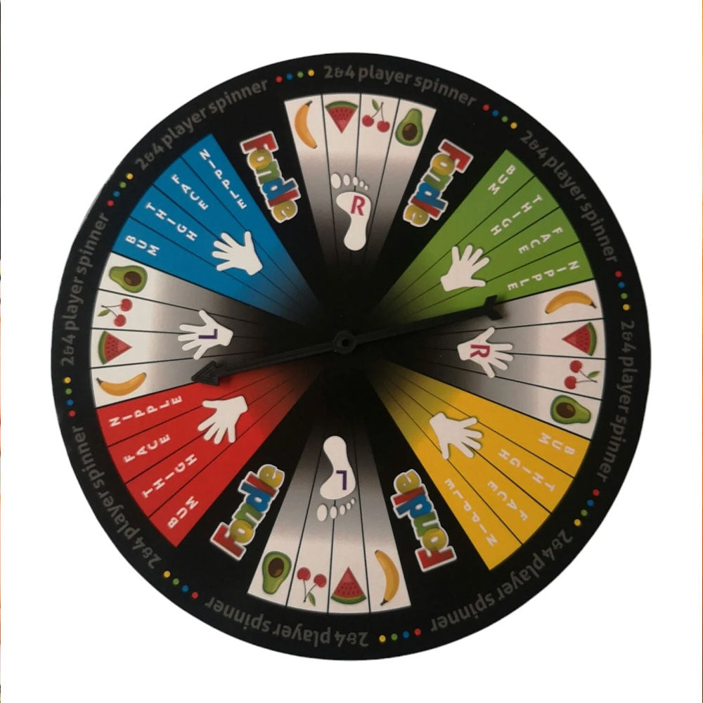 Fondle - Hands-On Party Game spinner featuring colorful sections for player actions and forfeit options.