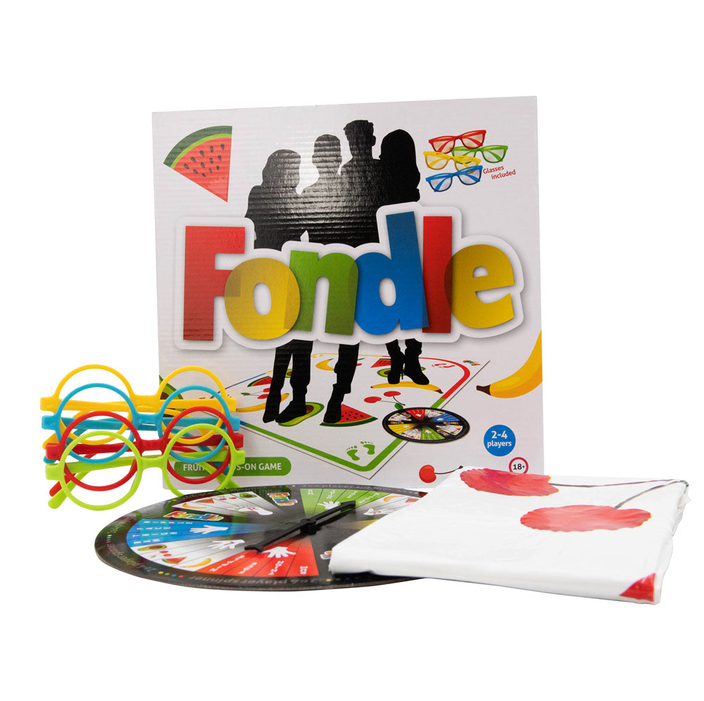 Fondle - Hands-On Party Game with colorful glasses, spinner, and playful game board for 2-4 players.