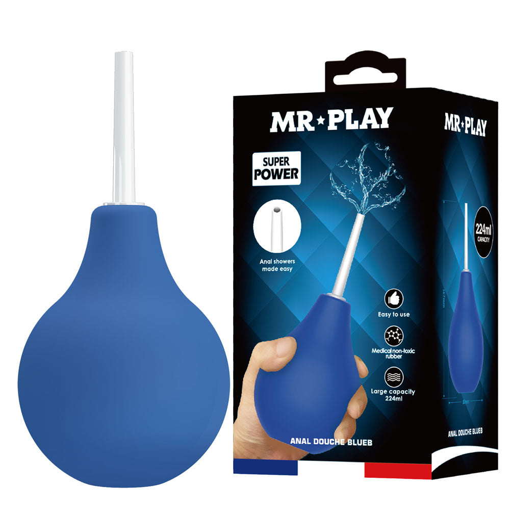 MR PLAY Anal Douche -  -  Unisex Douche - 224 ml Capacity, blue anal douche with large bulb and nozzle.