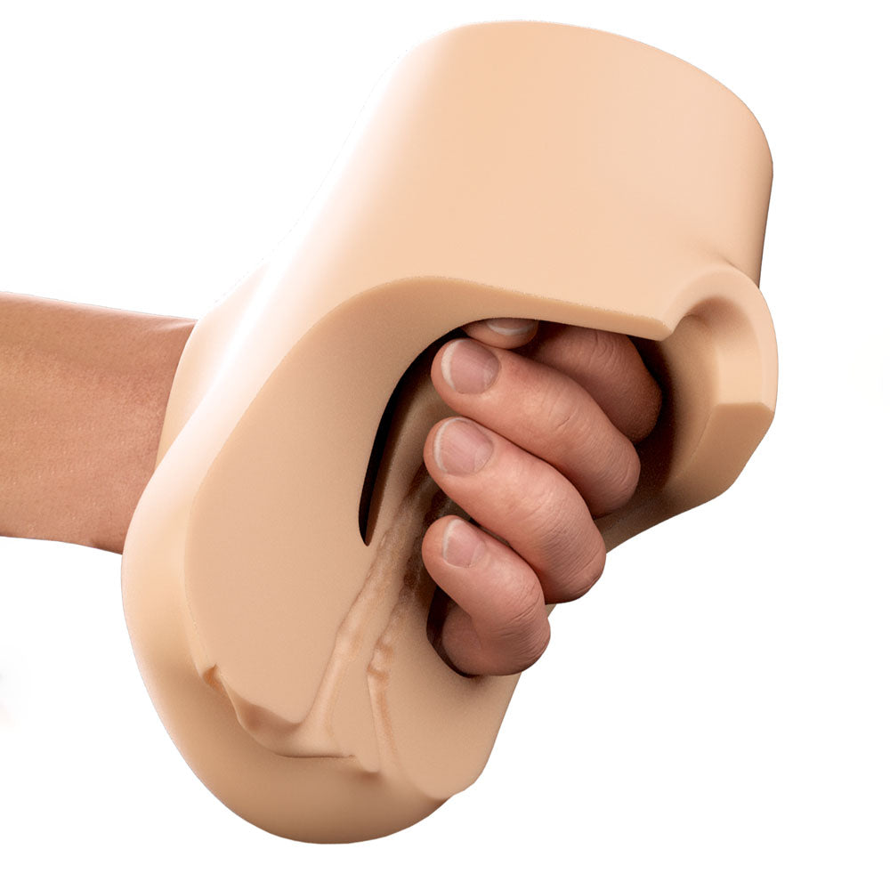 PDX Plus Double Pounder Vibrating Squeeze Stroker -  -  USB Rechargeable Vibrating Vagina Stroker in hand.