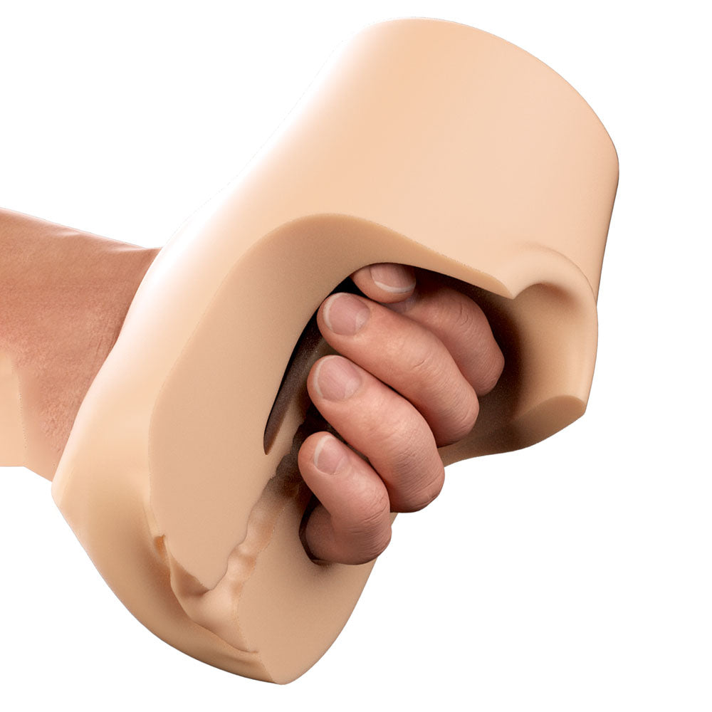 PDX Plus Pussy Pounder Squeeze Stroker -  -  Vagina Stroker being held and squeezed for enhanced pleasure.