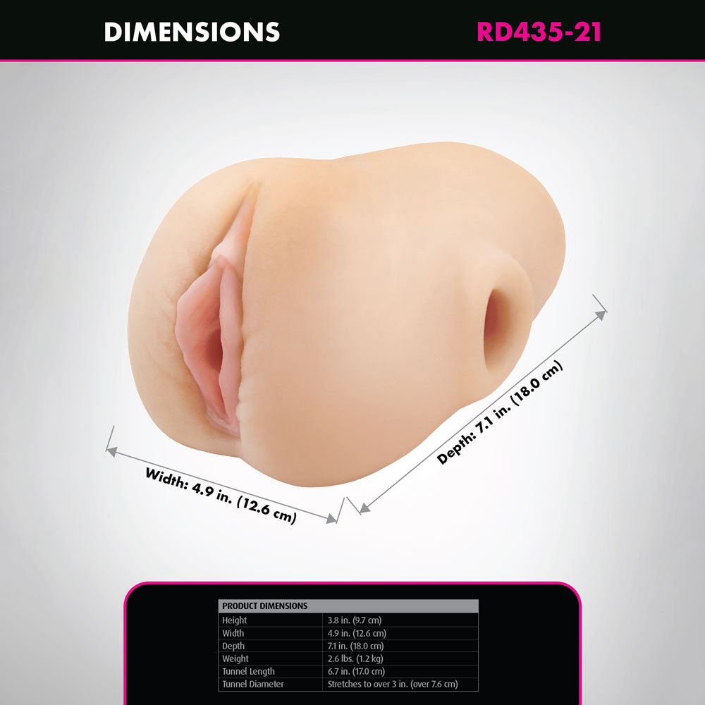 PDX Plus Pussy Pounder Squeeze Stroker -  -  Vagina Stroker dimensions showing width and depth.