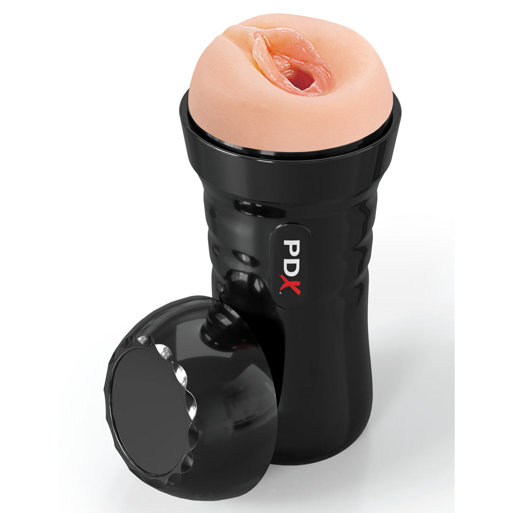 Self-lubricating vagina stroker from PDX with realistic texture for enhanced pleasure, designed for easy use with water.