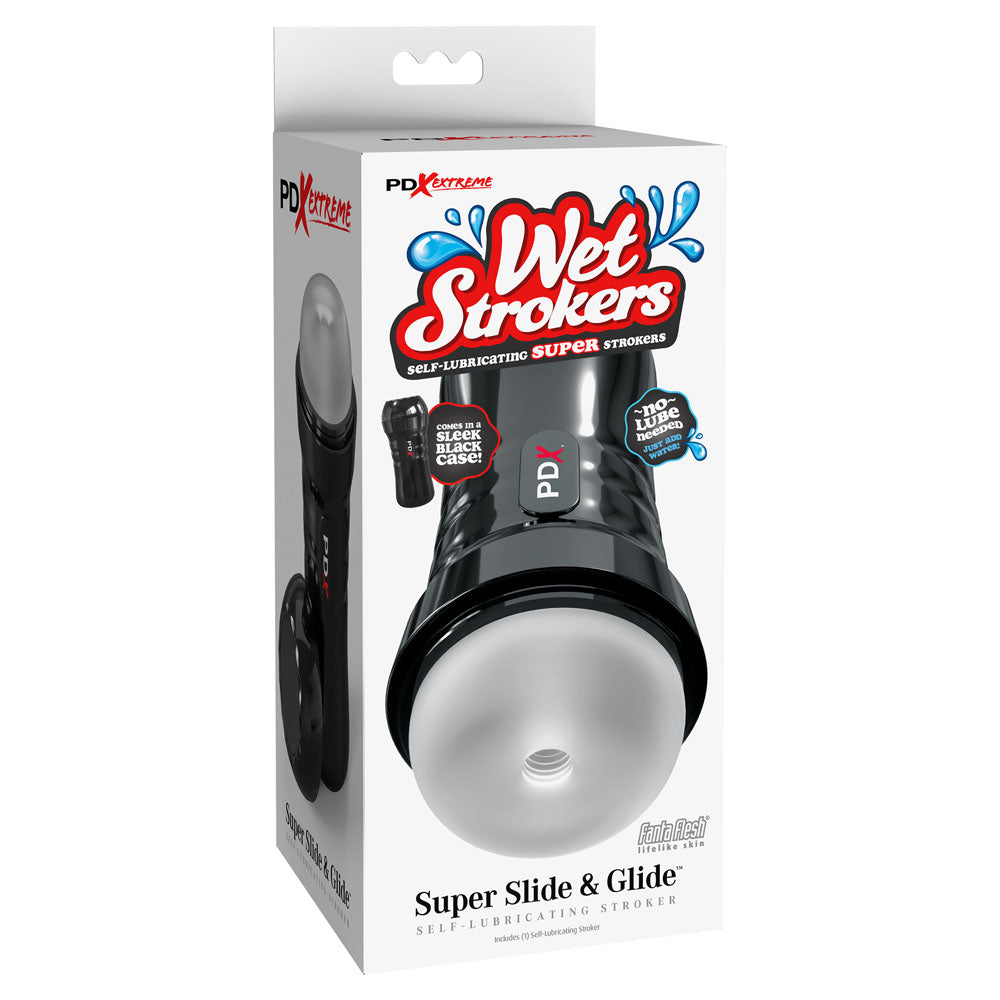 PDX Extreme Wet Strokers Super Slide & Glide - Stroker packaging showcasing self-lubricating features.