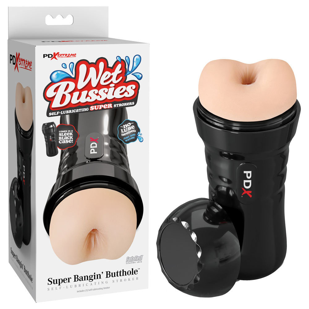PDX Wet Bussies Super Bangin Butt - Light -  Anal Stroker in packaging with self-lubricating technology and realistic details.