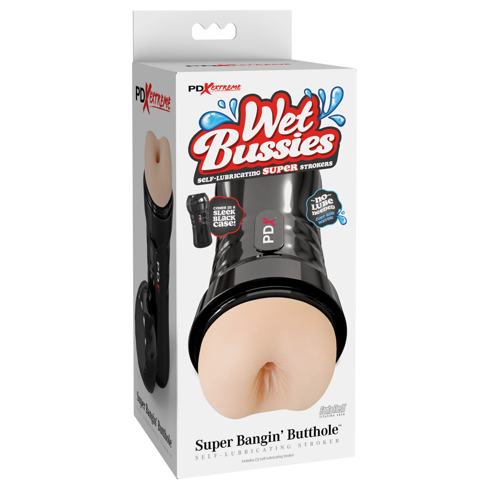 PDX Wet Bussies Super Bangin Butt - Light -  Anal Stroker packaging with self-lubricating feature and realistic design.