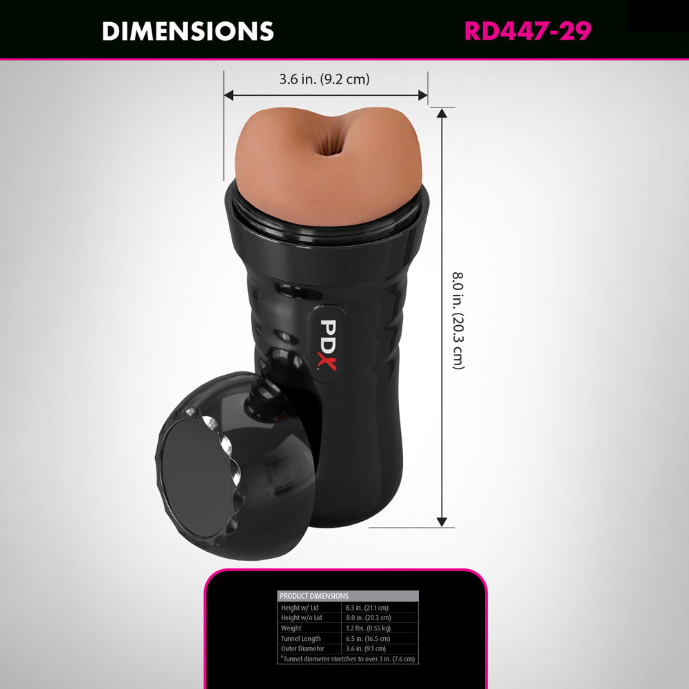 PDX Wet Bussies Super Bangin Butt -  -  Anal Stroker with dimensions displayed, showcasing its realistic design and features.