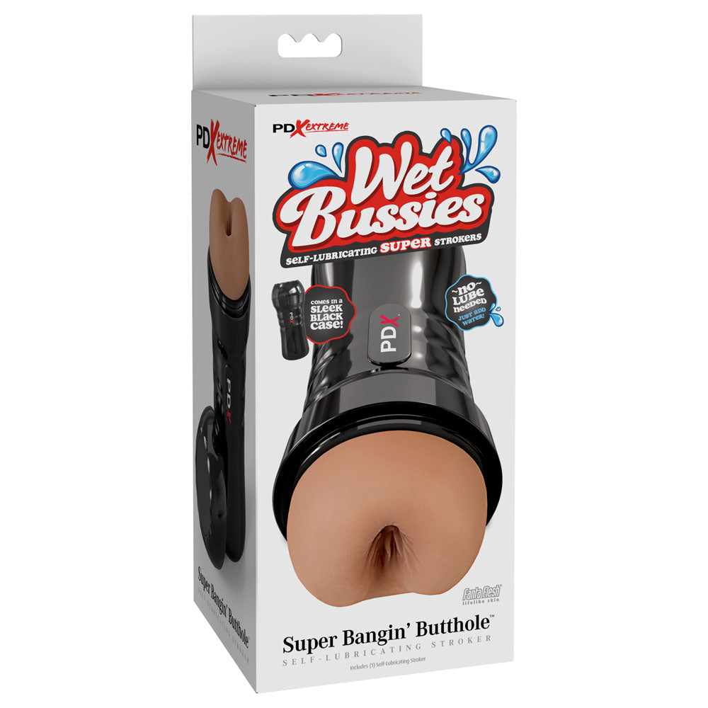 PDX Wet Bussies Super Bangin Butt -  -  Anal Stroker packaging showcasing self-lubricating features.