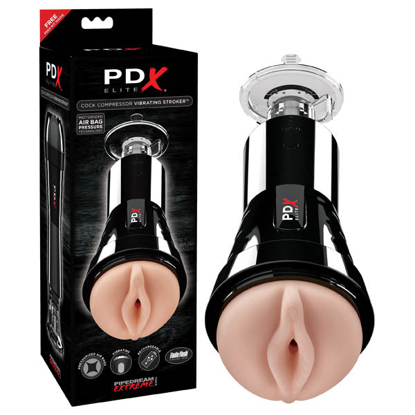 PDX Elite Cock Compressor Vibrating Stroker - USB Rechargeable Vibrating Pussy Stroker with Suction Base in packaging.