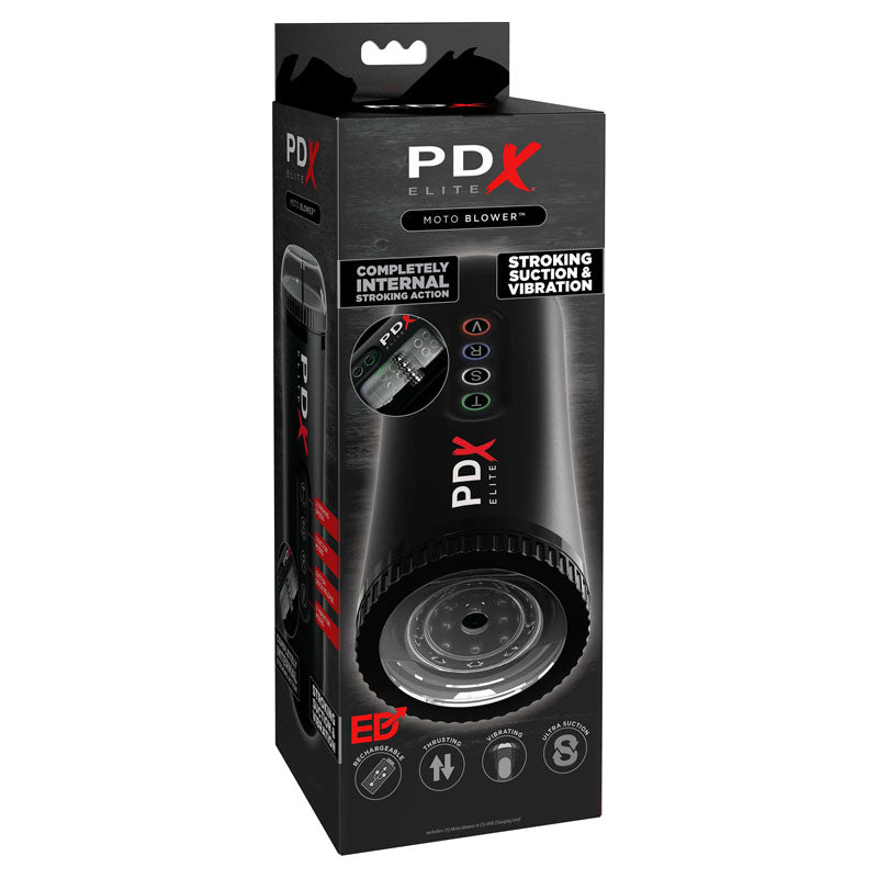Pipedream Extreme Toyz Elite Moto Blower -  Powered Masturbator packaging featuring suction and vibration functions.