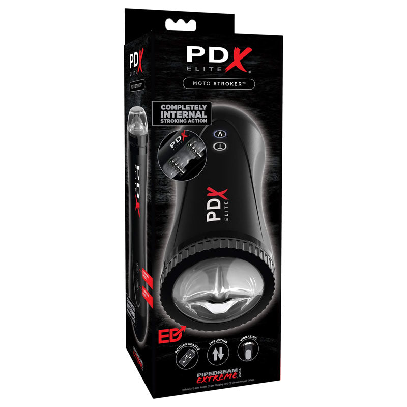 Pipedream Extreme Toyz Elite Moto Stroker -  Powered Masturbator packaging showcasing internal stroking action design.