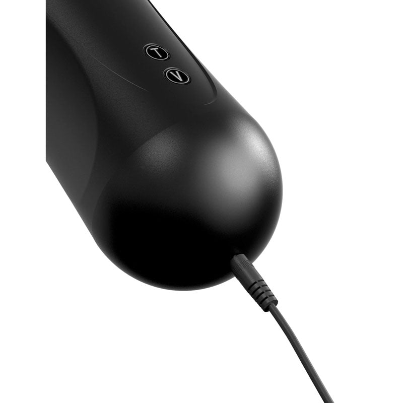Close-up of Pipedream Extreme Toyz Elite Moto Stroker - Powered Masturbator with control buttons and charging port.
