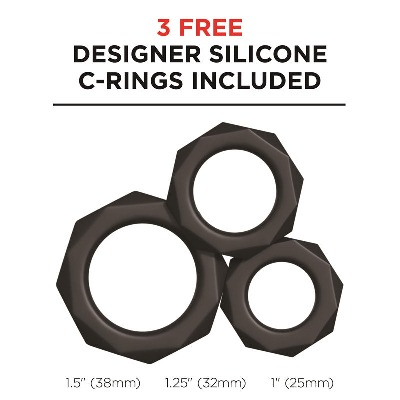 3 free designer silicone c-rings included, featuring different sizes: 1.5", 1.25", and 1".
