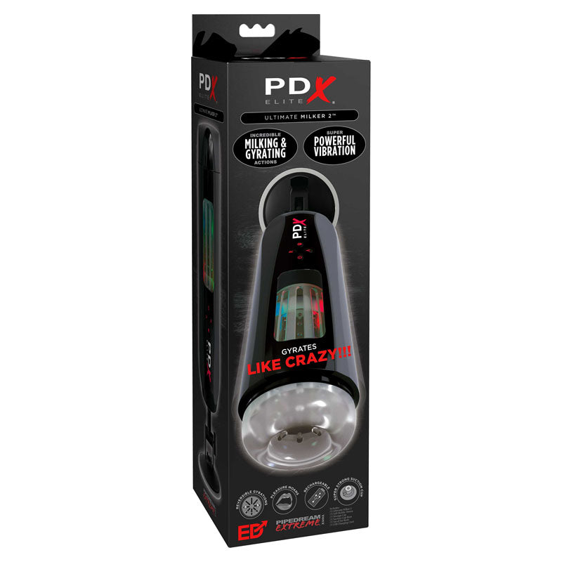 Pipedream Extreme Toys Elite Ultimate Milker 2 - USB Rechargeable Masturbator packaging showcasing vibrating and gyratory features.