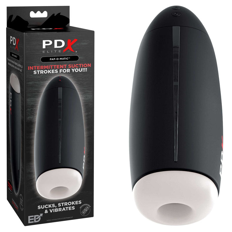 Pipedream Extreme Toys Elite Fap-O-Matic USB rechargeable sucking masturbator with packaging and device shown.