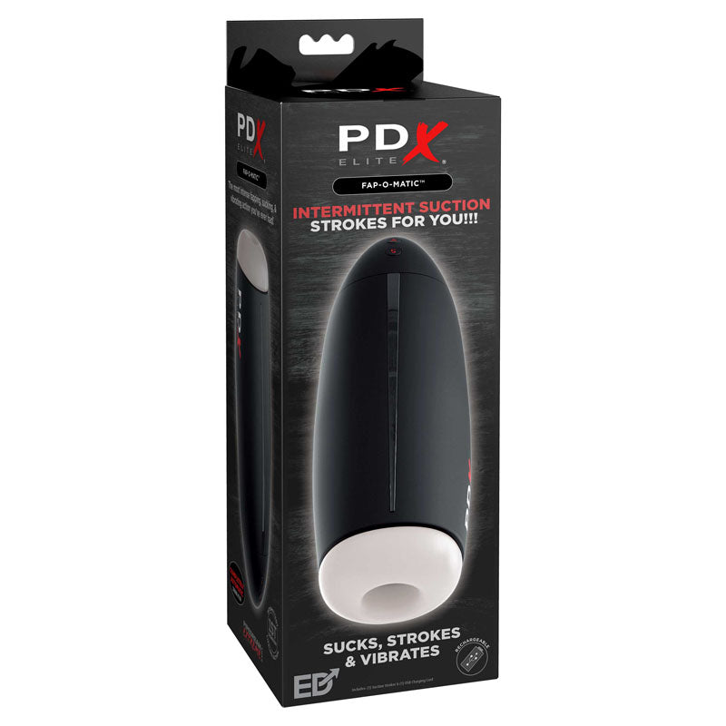 Pipedream Extreme Toys Elite Fap-O-Matic USB rechargeable sucking masturbator packaging with suction features.
