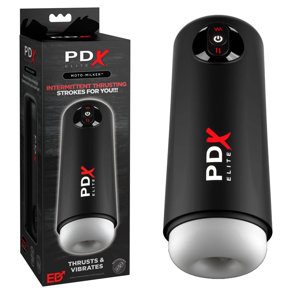 PDX Elite Moto Milker - USB Rechargeable Thrusting & Vibrating Auto Stroker with packaging and features highlighted.