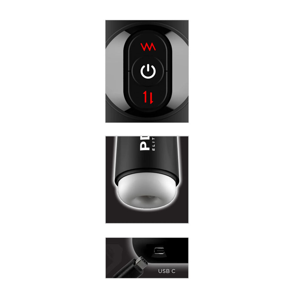 PDX Elite Moto Milker - USB Rechargeable Thrusting & Vibrating Auto Stroker control panel and USB-C connection.