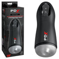 PDX Elite Suck-O-Matic - USB Rechargeable Sucking & Vibrating Masturbator packaging and device images.