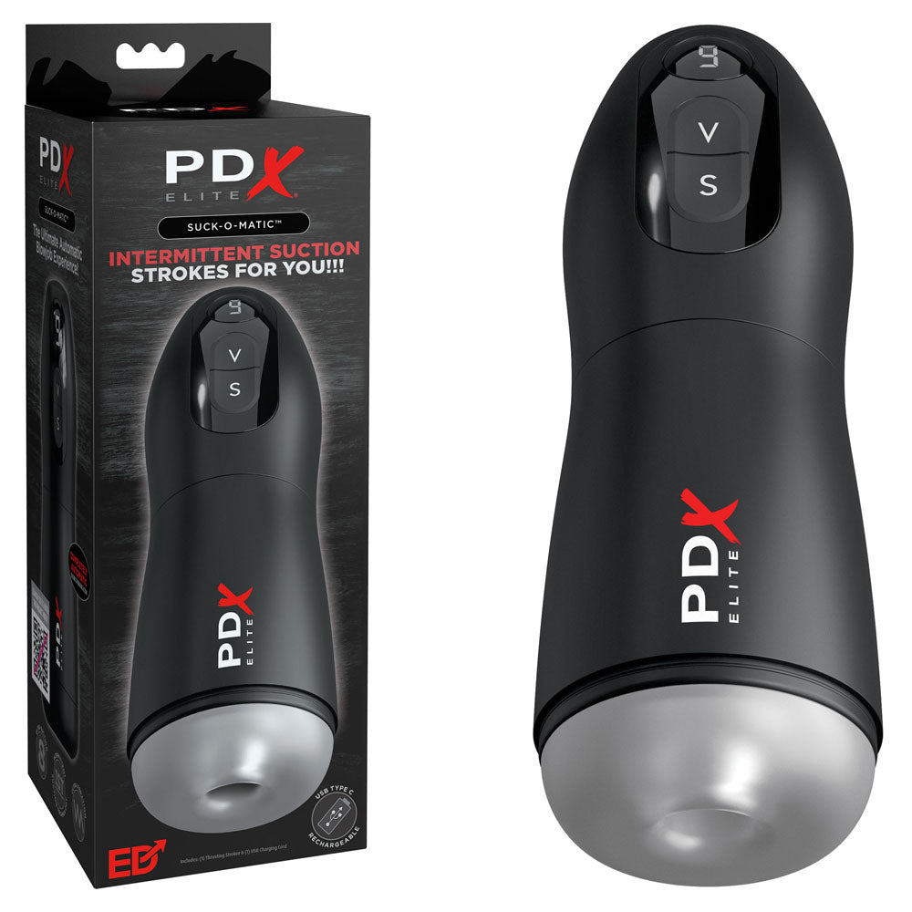 PDX Elite Suck-O-Matic - USB Rechargeable Sucking & Vibrating Masturbator packaging and device images.