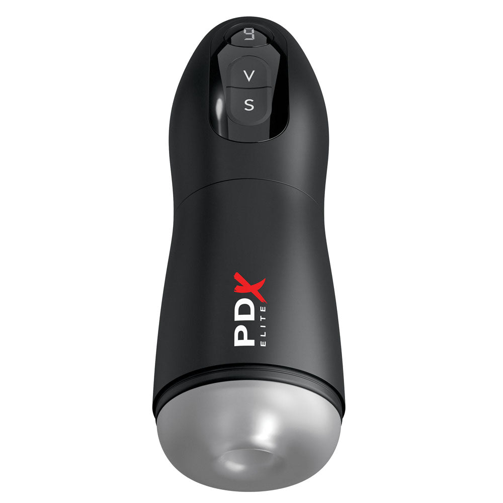PDX Elite Suck-O-Matic - USB Rechargeable Sucking & Vibrating Masturbator in sleek black design.
