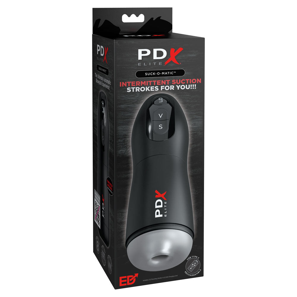 PDX Elite Suck-O-Matic - USB Rechargeable Sucking & Vibrating Masturbator packaging showcasing its features.