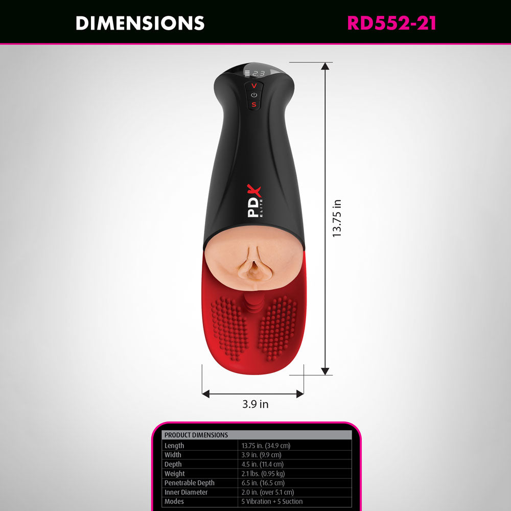 Dimensions of PDX Elite Fap-O-Matic Pro XL - Light - USB Rechargeable Auto Stroker including length, width, and depth.