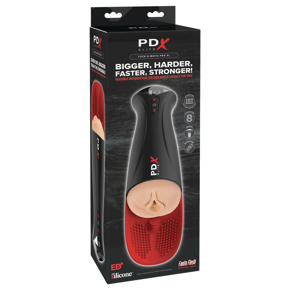 PDX Elite Fap-O-Matic Pro XL - Light -  USB Rechargeable Auto Stroker packaging featuring powerful suction design.