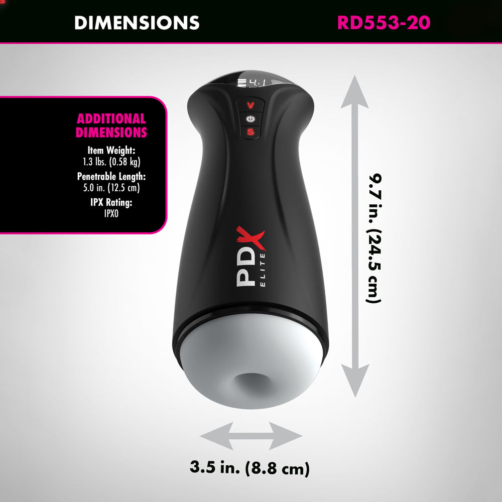 PDX Elite Fuck-Gasm - Flesh - USB Rechargeable Sucking & Vibrating Auto Stroker dimensions shown with item weight, length, and width.