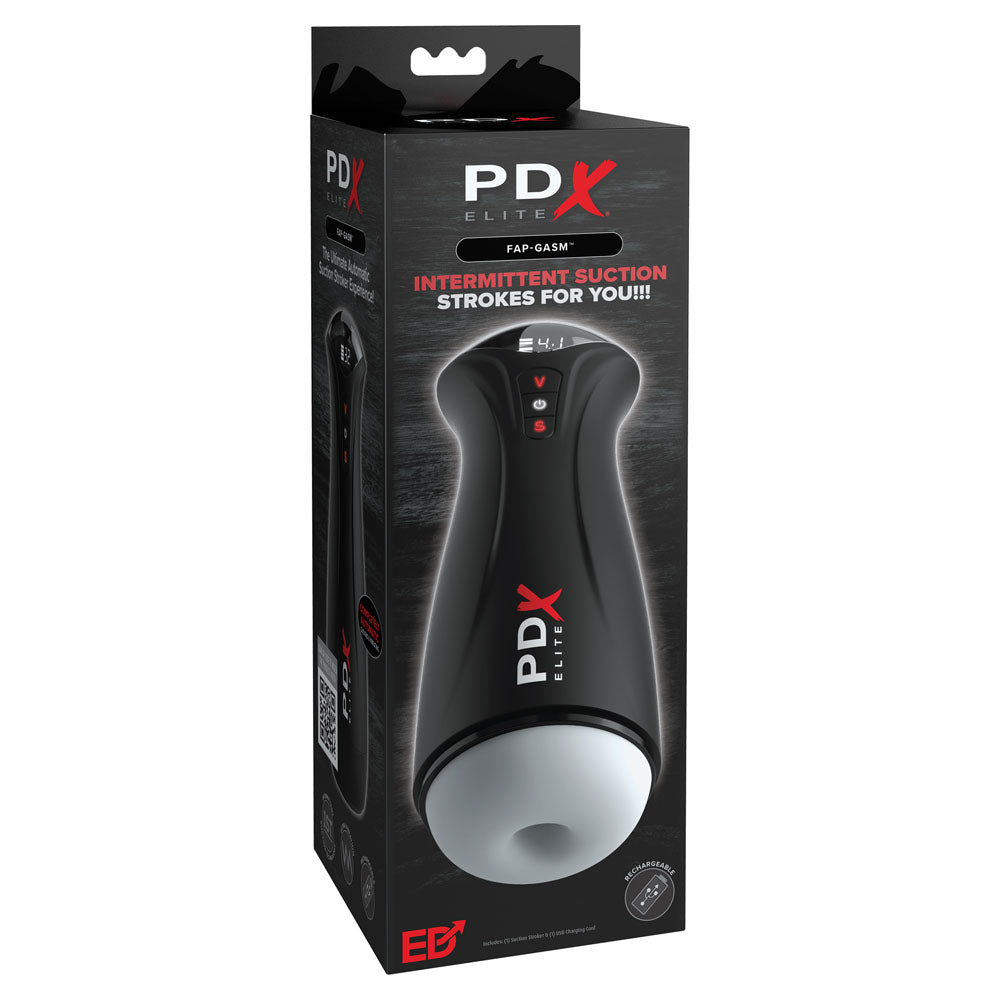 PDX Elite Fuck-Gasm - Flesh - USB Rechargeable Sucking & Vibrating Auto Stroker packaging with suction features